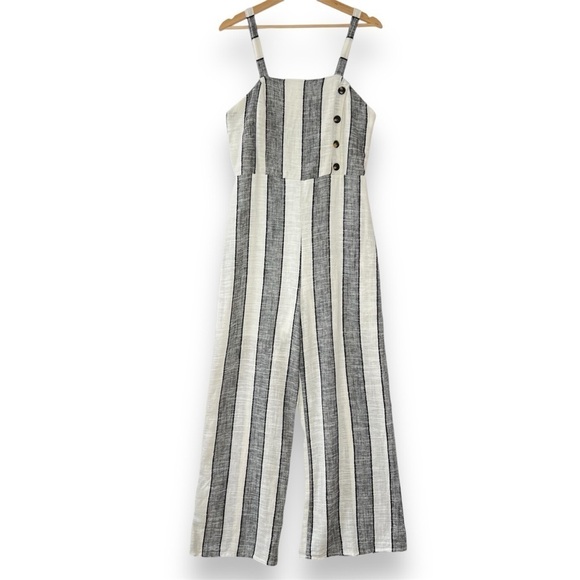 Urban Romantics Jumpsuit Romper Womens L Striped Linen Blend Wide Leg Sleeveless - Picture 1 of 7